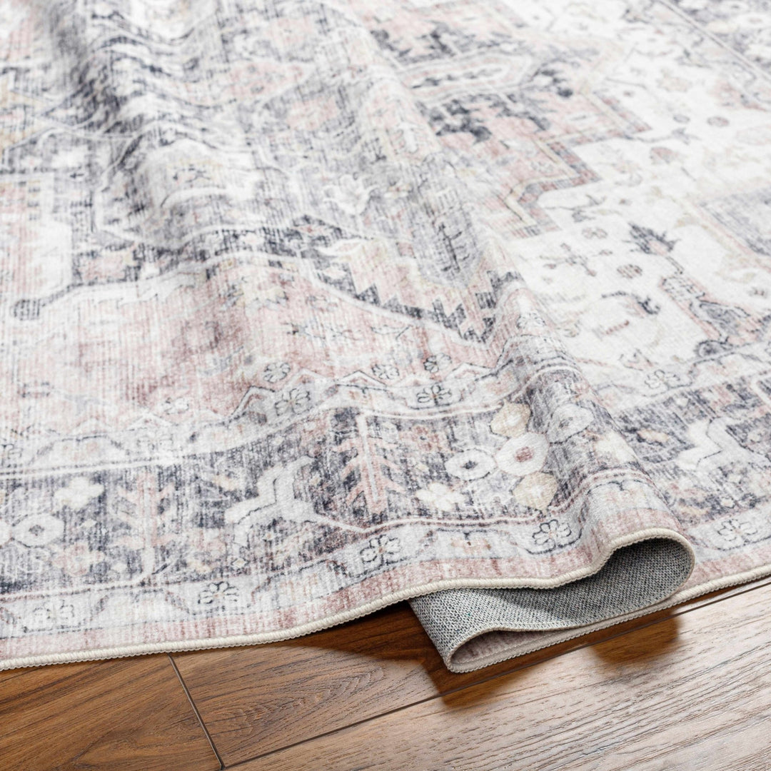Traditional Heriz Peach, Ivory and Charcoal Medallion Design Washable Area Rug - The Rug Decor