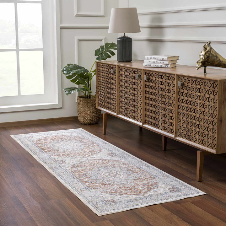 Traditional Medallion Design Machine woven Rust, Silver, Ivory and Beige washable Turkish Rug - The Rug Decor
