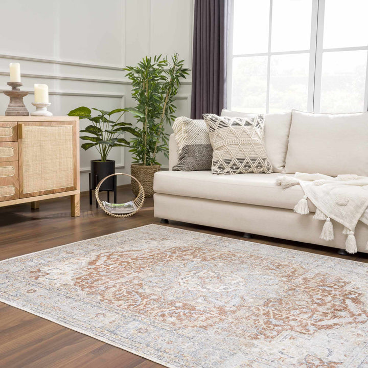 Traditional Medallion Design Machine woven Rust, Silver, Ivory and Beige washable Turkish Rug - The Rug Decor