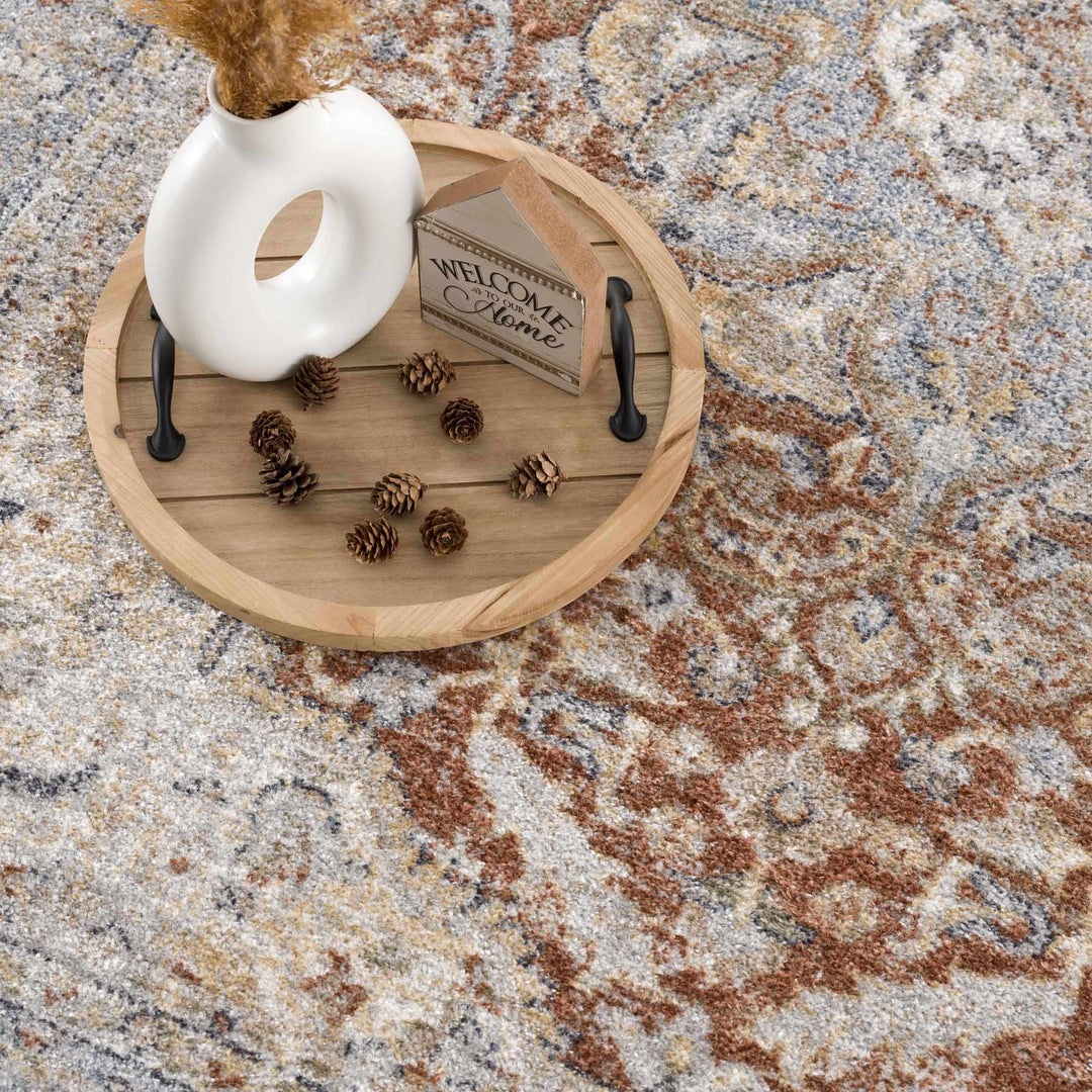 Traditional Medallion Design Machine woven Rust, Silver, Ivory and Beige washable Turkish Rug - The Rug Decor