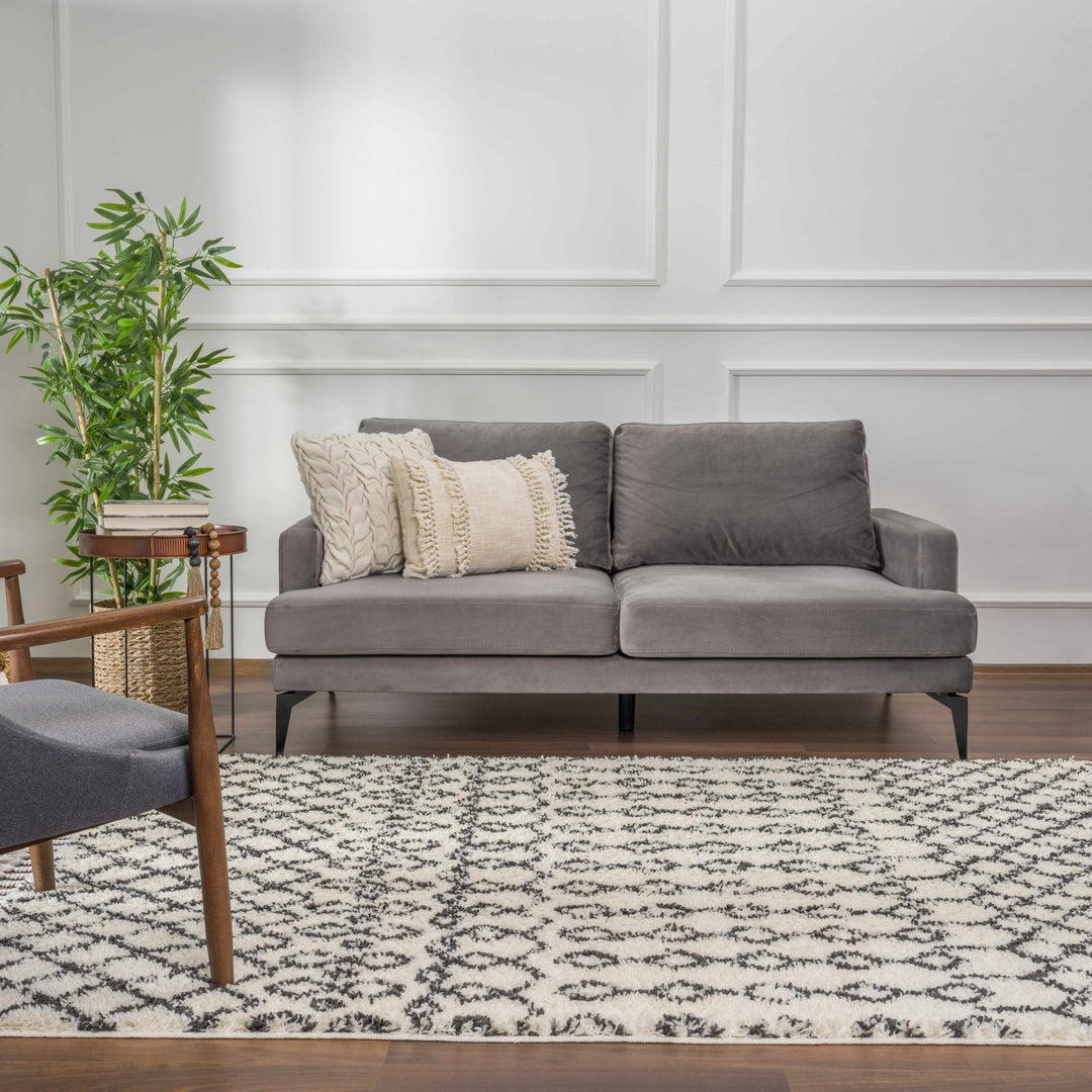Traditional Moroccan Style Beige and Black Plush Pile Area Rug - The Rug Decor