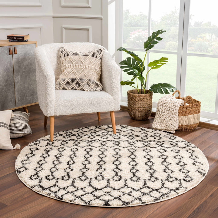 Traditional Moroccan Style Beige and Black Plush Pile Area Rug - The Rug Decor