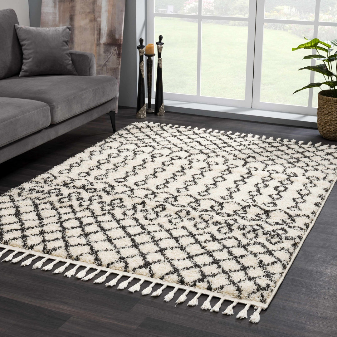 Traditional Moroccan Style Beige and Black Plush Pile Area Rug - The Rug Decor