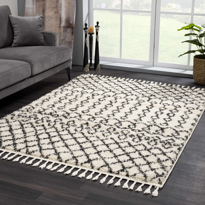 Traditional Moroccan Style Beige and Black Plush Pile Area Rug - The Rug Decor