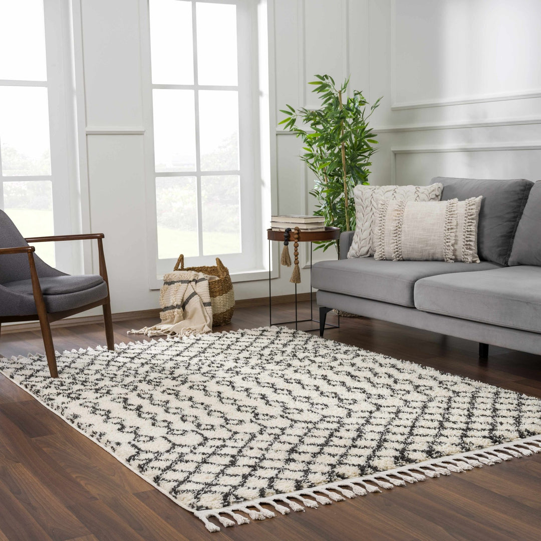 Traditional Moroccan Style Beige and Black Plush Pile Area Rug - The Rug Decor