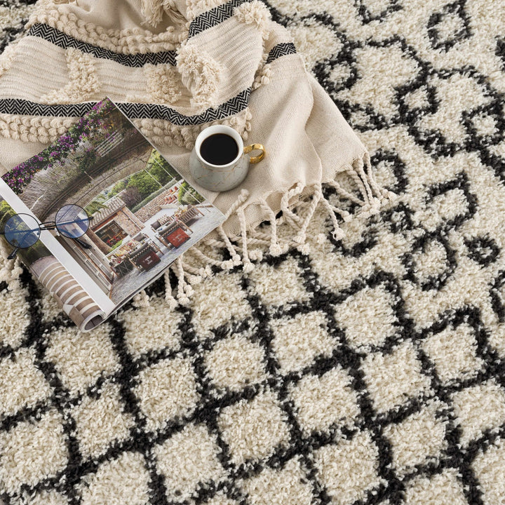 Traditional Moroccan Style Beige and Black Plush Pile Area Rug - The Rug Decor