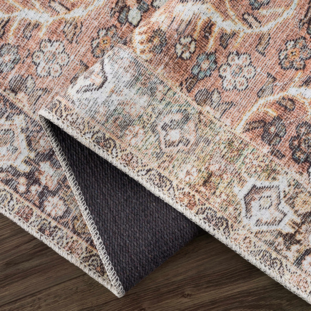 Traditional Oriental Intricate Design Dark Peach, Ivory, Beige and Charcoal Washable Area Rug - The Rug Decor