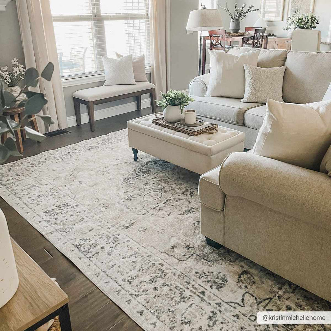 Traditional Oriental Light Brown and Blue and Medallion Design Low pile Area Rug - The Rug Decor