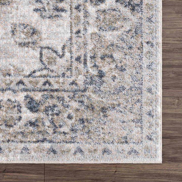 Traditional Oriental Light Brown and Blue and Medallion Design Low pile Area Rug - The Rug Decor