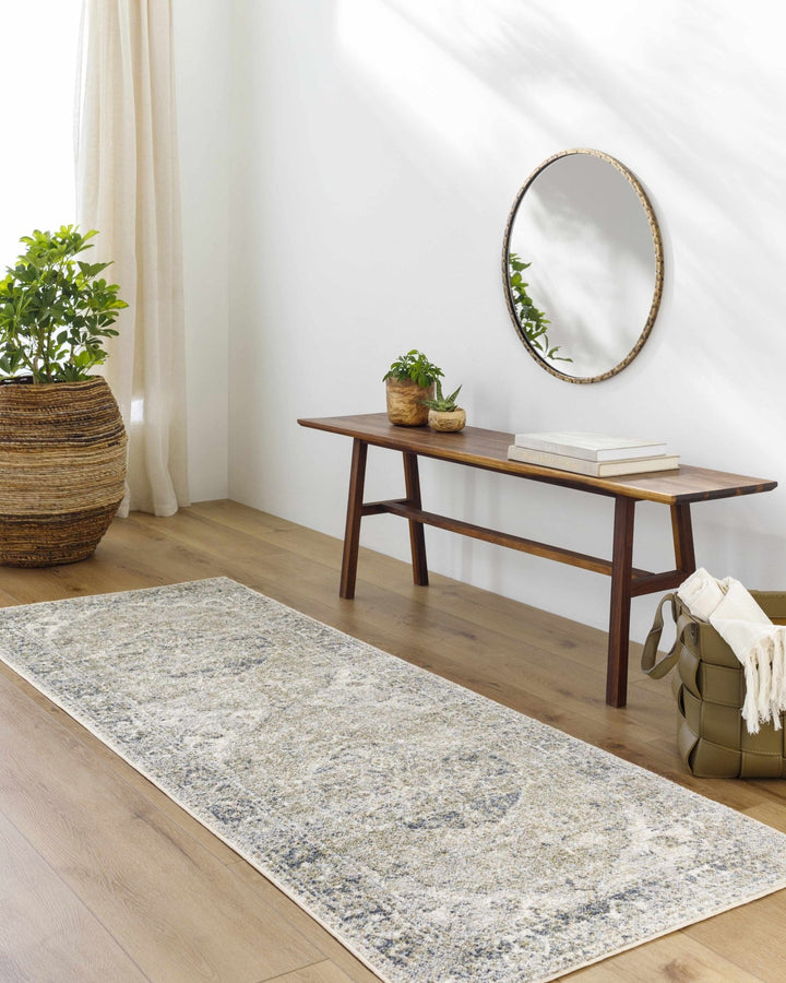 Traditional Oriental Light Brown and Blue and Medallion Design Low pile Area Rug - The Rug Decor