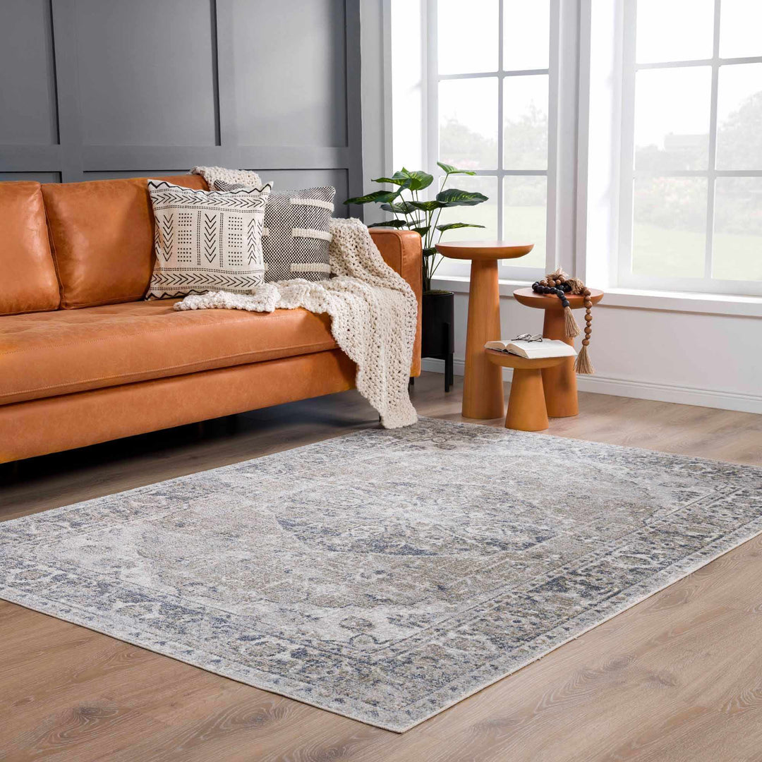 Traditional Oriental Light Brown and Blue and Medallion Design Low pile Area Rug - The Rug Decor