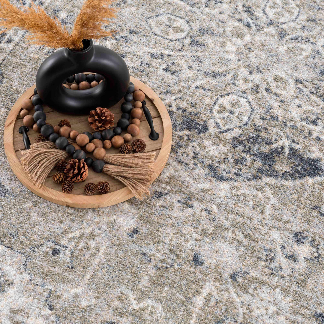 Traditional Oriental Light Brown and Blue and Medallion Design Low pile Area Rug - The Rug Decor