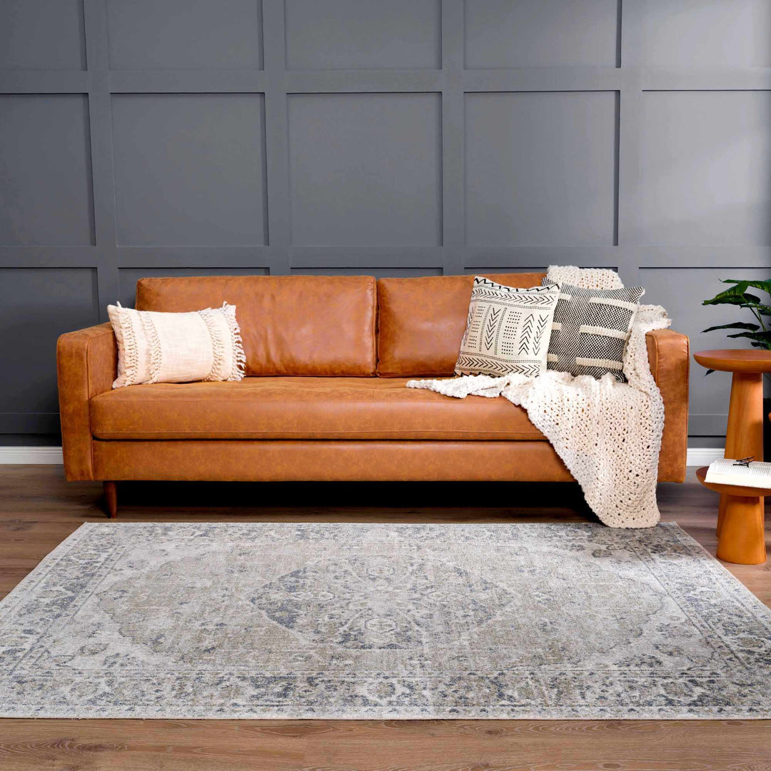 Traditional Oriental Light Brown and Blue and Medallion Design Low pile Area Rug - The Rug Decor