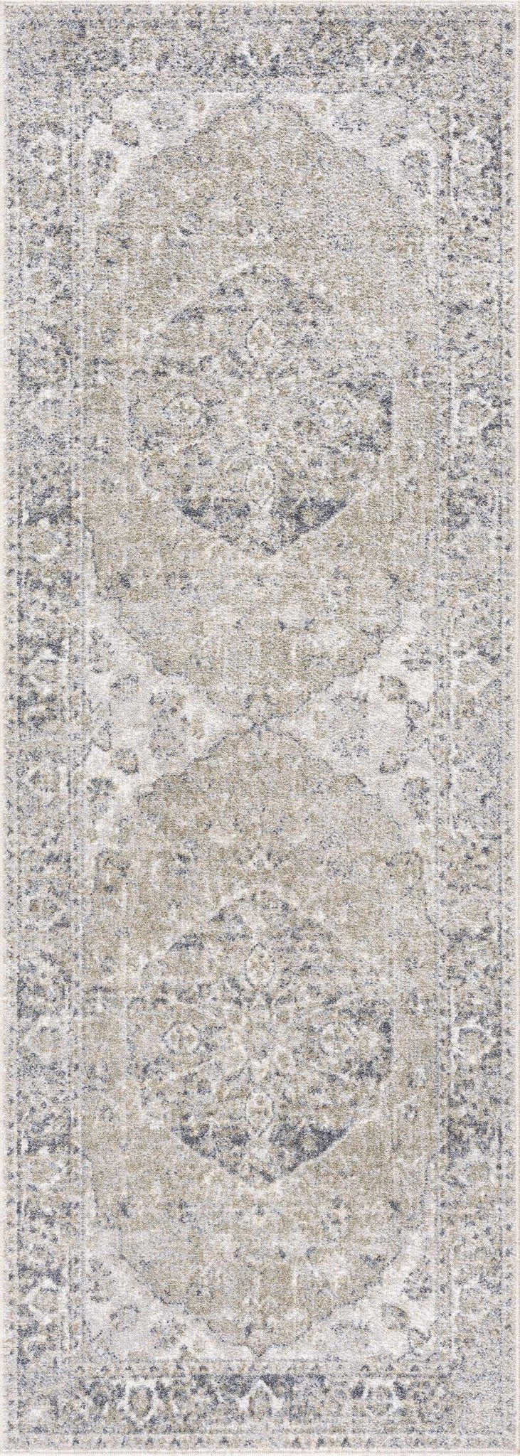 Traditional Oriental Light Brown and Blue and Medallion Design Low pile Area Rug - The Rug Decor