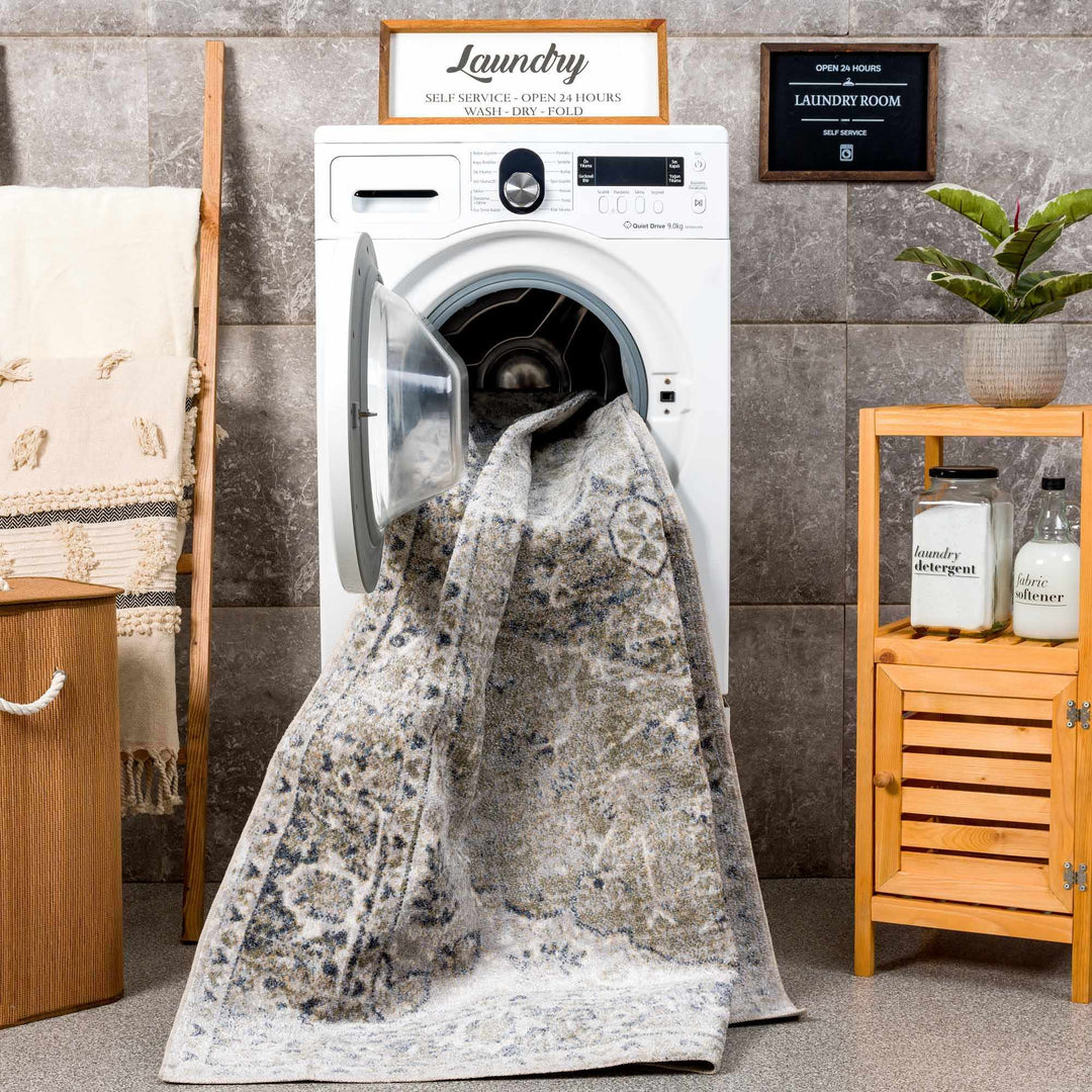 Traditional Oriental Light Brown and Blue and Medallion Design Low pile Area Rug - The Rug Decor