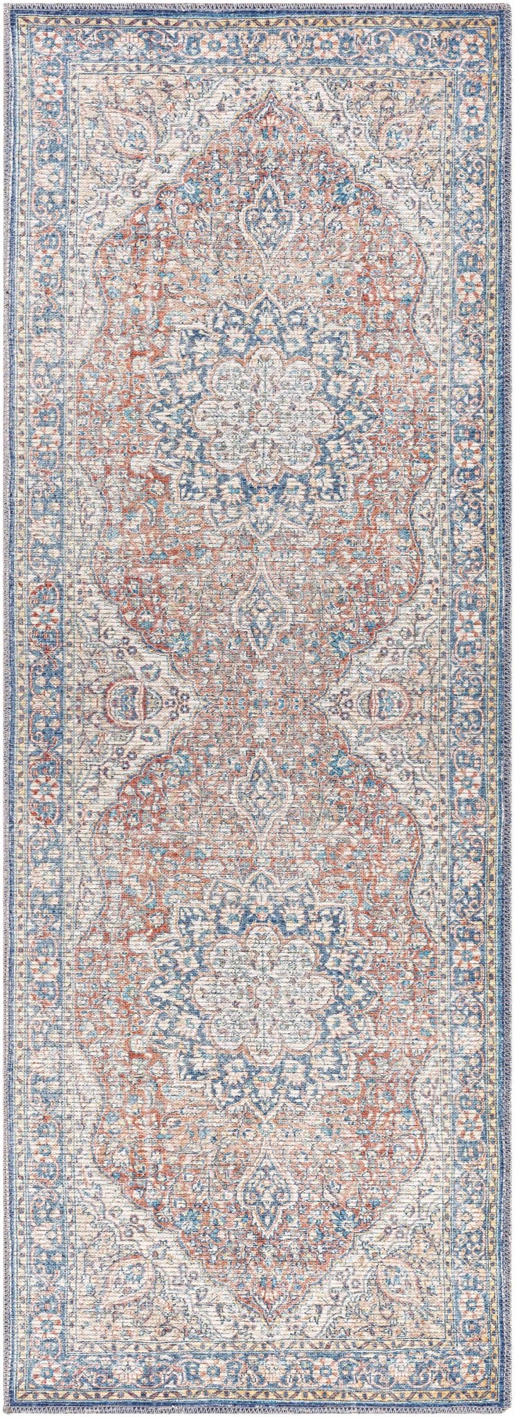 Traditional Oriental Medallion Design Ivory, Blue and rust low pile Area Rug - The Rug Decor