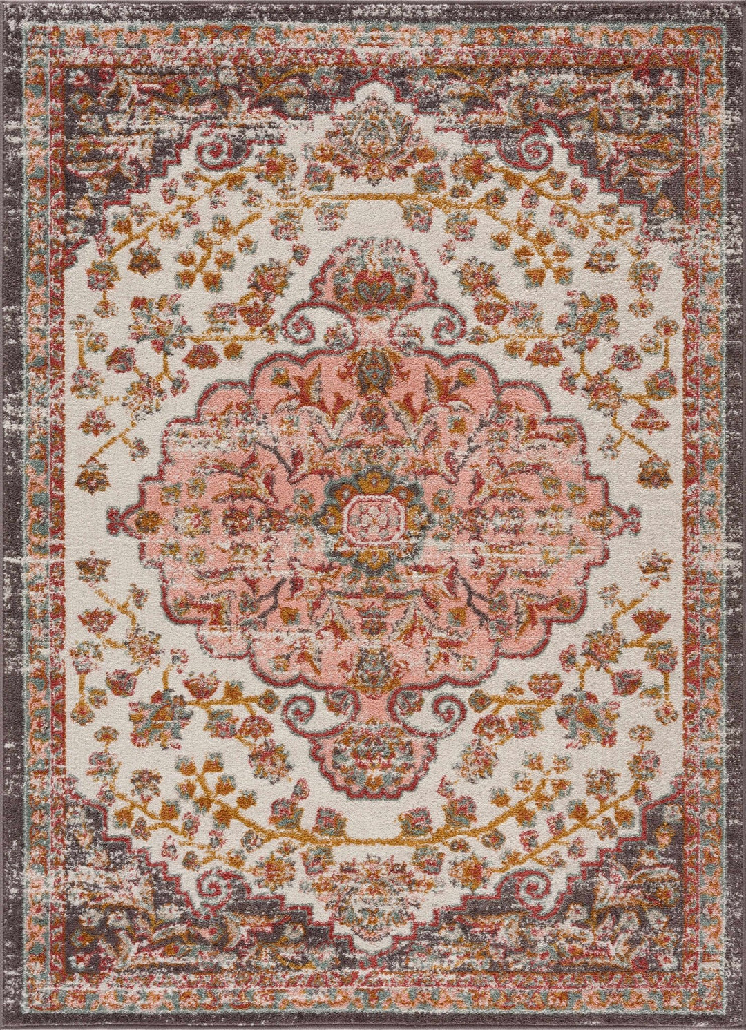 Traditional Peach, Ivory, Brown and Gold Medium Pile Medallion Design Area Rug - The Rug Decor