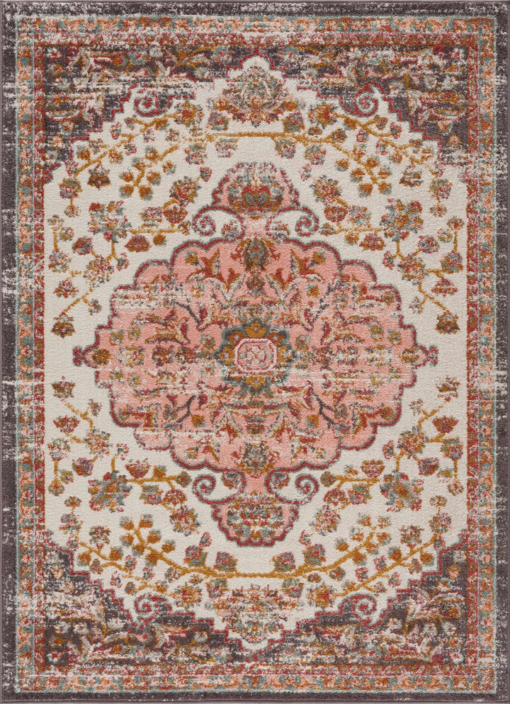 Traditional Peach, Ivory, Brown and Gold Medium Pile Medallion Design Area Rug - The Rug Decor