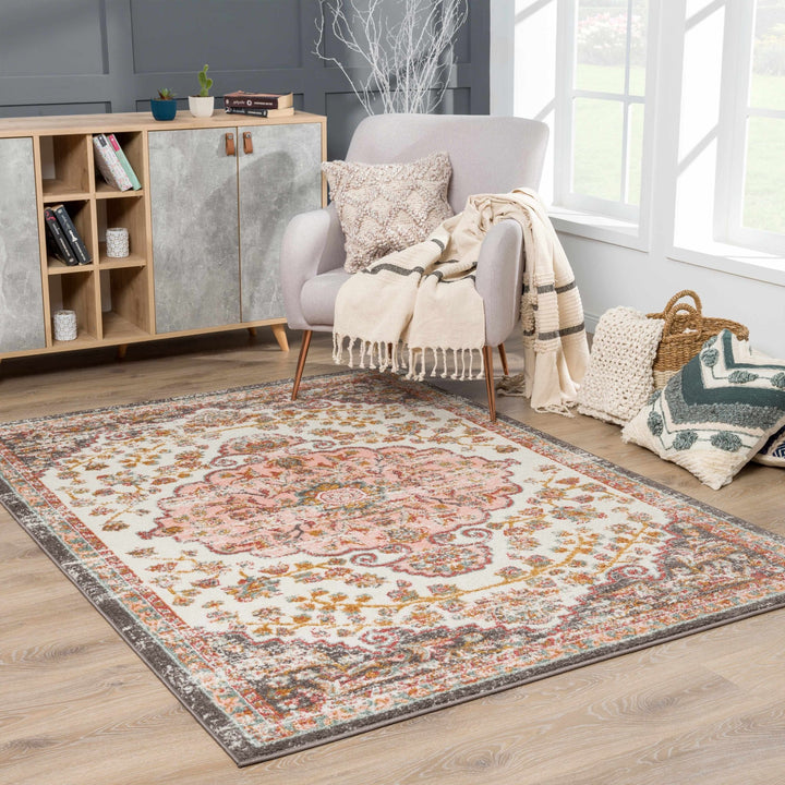 Traditional Peach, Ivory, Brown and Gold Medium Pile Medallion Design Area Rug - The Rug Decor