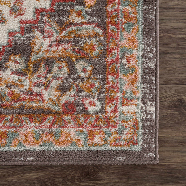 Traditional Peach, Ivory, Brown and Gold Medium Pile Medallion Design Area Rug - The Rug Decor