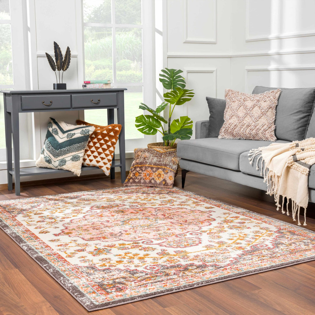 Traditional Peach, Ivory, Brown and Gold Medium Pile Medallion Design Area Rug - The Rug Decor