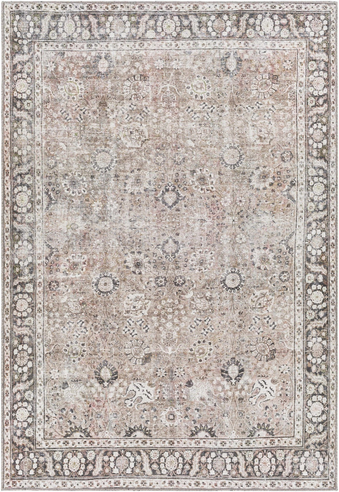 Traditional Turkish Floral Ivory, Brown and Charcoal Multi Size Machine Washable Rug - The Rug Decor
