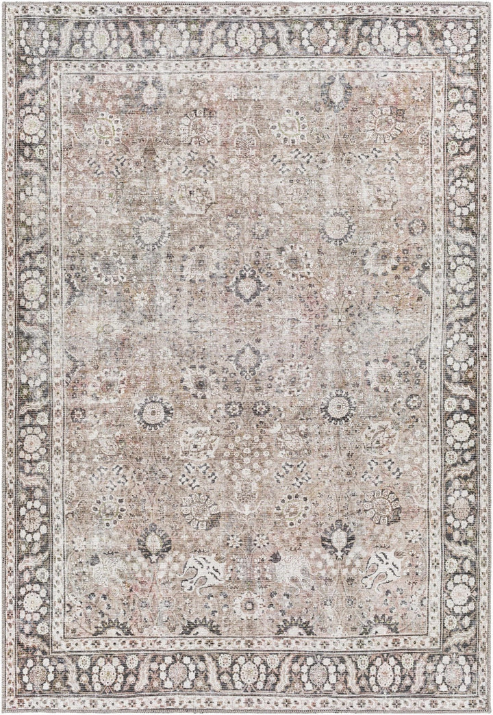 Traditional Turkish Floral Ivory, Brown and Charcoal Multi Size Machine Washable Rug - The Rug Decor