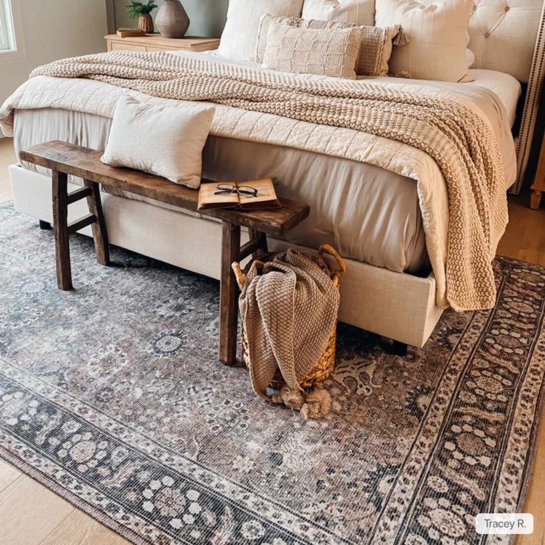 Traditional Turkish Floral Ivory, Brown and Charcoal Multi Size Machine Washable Rug - The Rug Decor