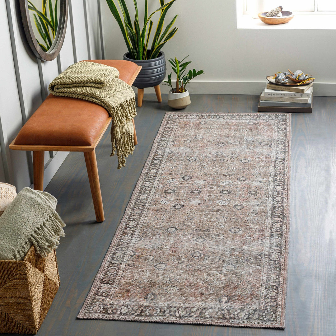 Traditional Turkish Floral Ivory, Brown and Charcoal Multi Size Machine Washable Rug - The Rug Decor