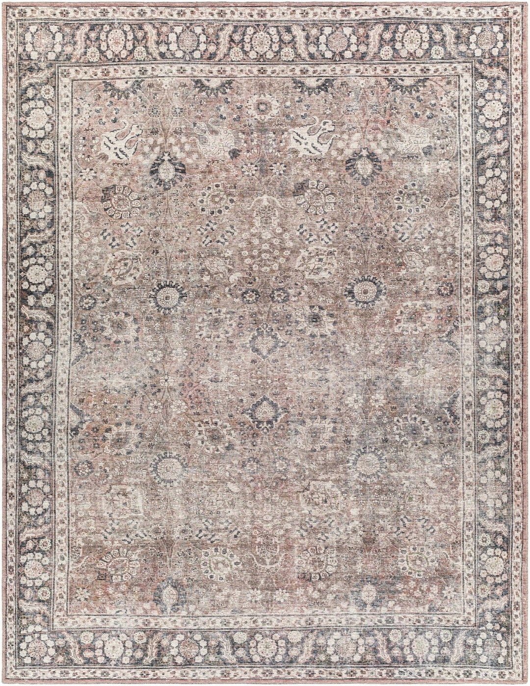 Traditional Turkish Floral Ivory, Brown and Charcoal Multi Size Machine Washable Rug - The Rug Decor