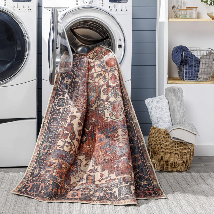 Traditional Vintage Style Brown, Rust And Beige Machine Woven Washable Rug - The Rug Decor