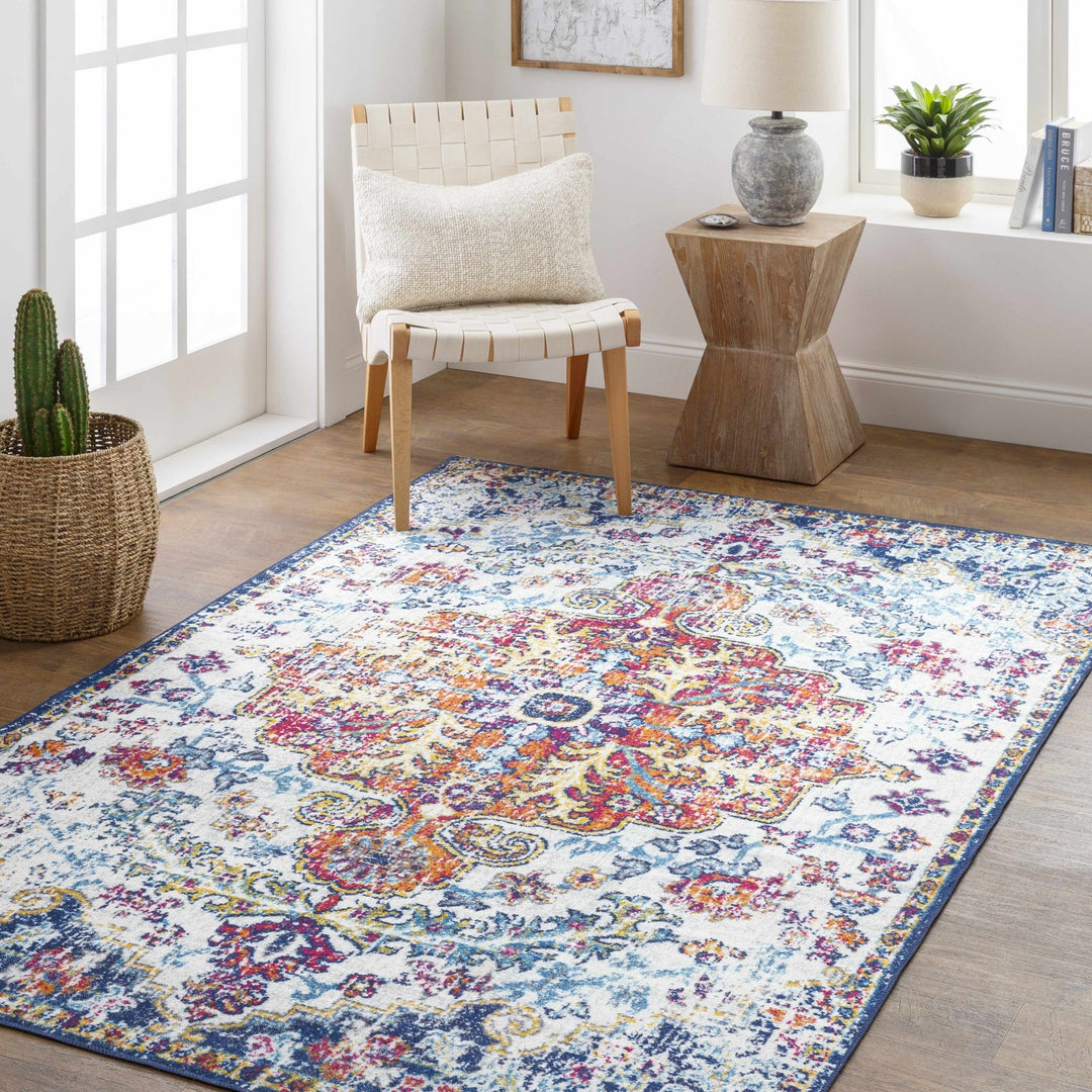 Traditional Vintage Style White, Blue, Mustard, Pink Multi color Washable Area Rug - The Rug Decor