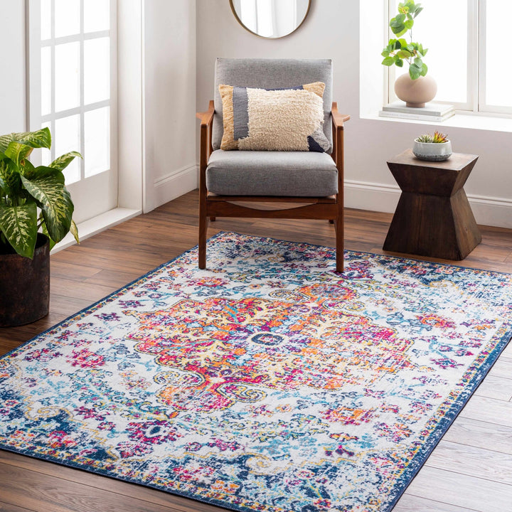 Traditional Vintage Style White, Blue, Mustard, Pink Multi color Washable Area Rug - The Rug Decor