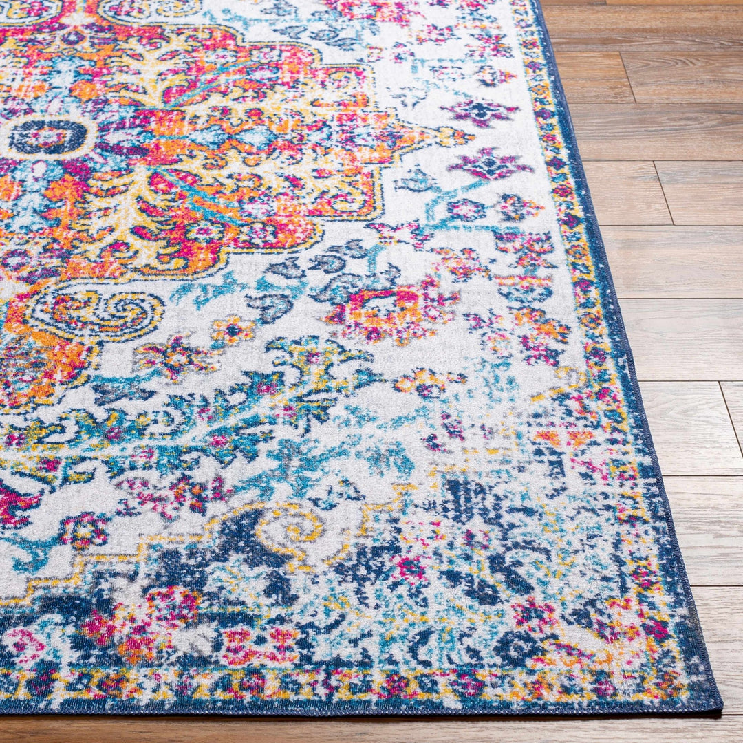 Traditional Vintage Style White, Blue, Mustard, Pink Multi color Washable Area Rug - The Rug Decor