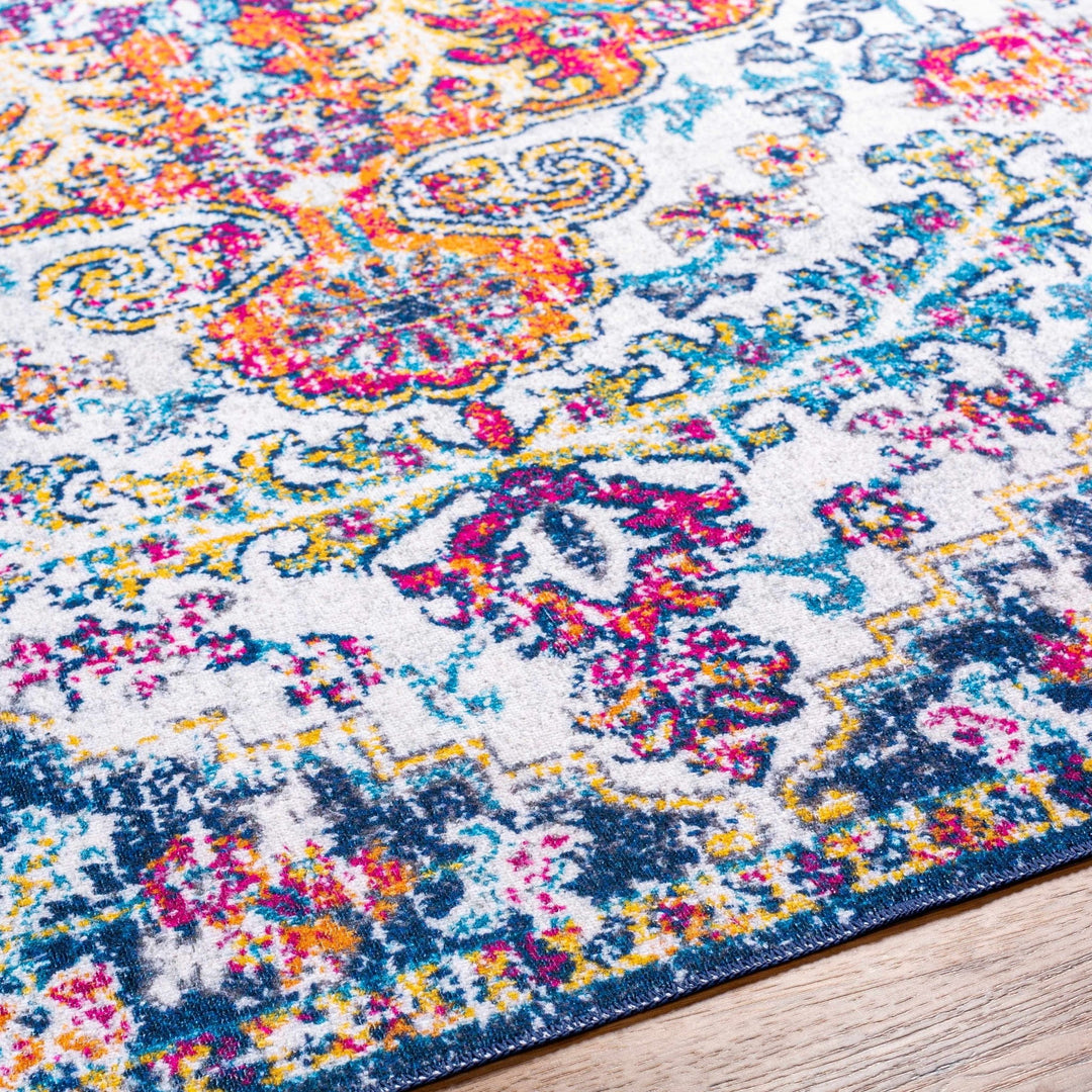Traditional Vintage Style White, Blue, Mustard, Pink Multi color Washable Area Rug - The Rug Decor
