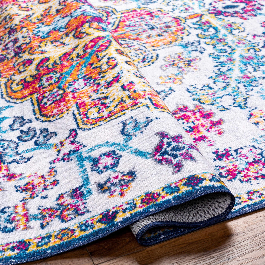 Traditional Vintage Style White, Blue, Mustard, Pink Multi color Washable Area Rug - The Rug Decor