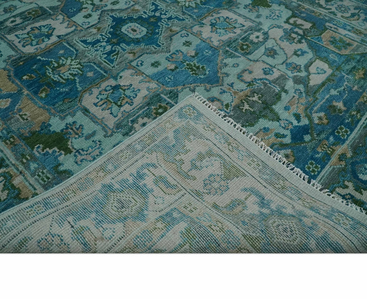 Transitional Aqua and Ivory Hand Knotted Antique 8x10 Traditional Wool Rug - The Rug Decor