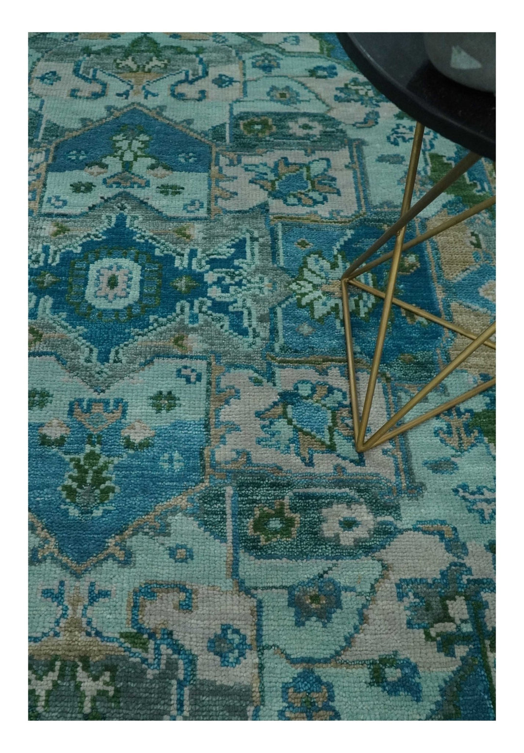 Transitional Aqua and Ivory Hand Knotted Antique 8x10 Traditional Wool Rug - The Rug Decor