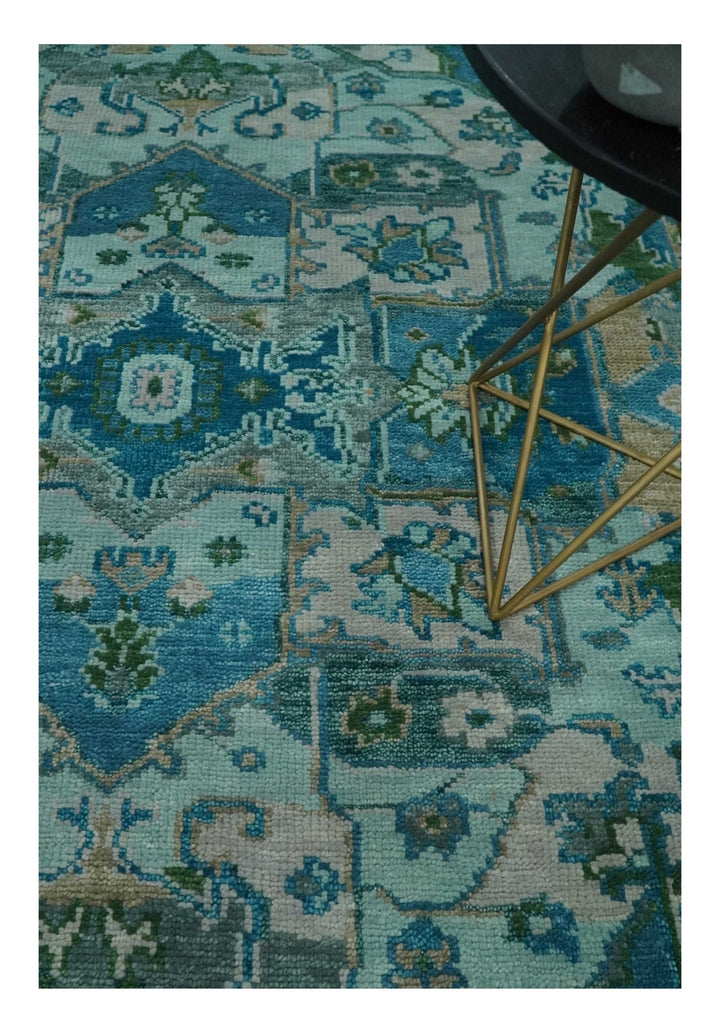 Transitional Aqua and Ivory Hand Knotted Antique 8x10 Traditional Wool Rug - The Rug Decor