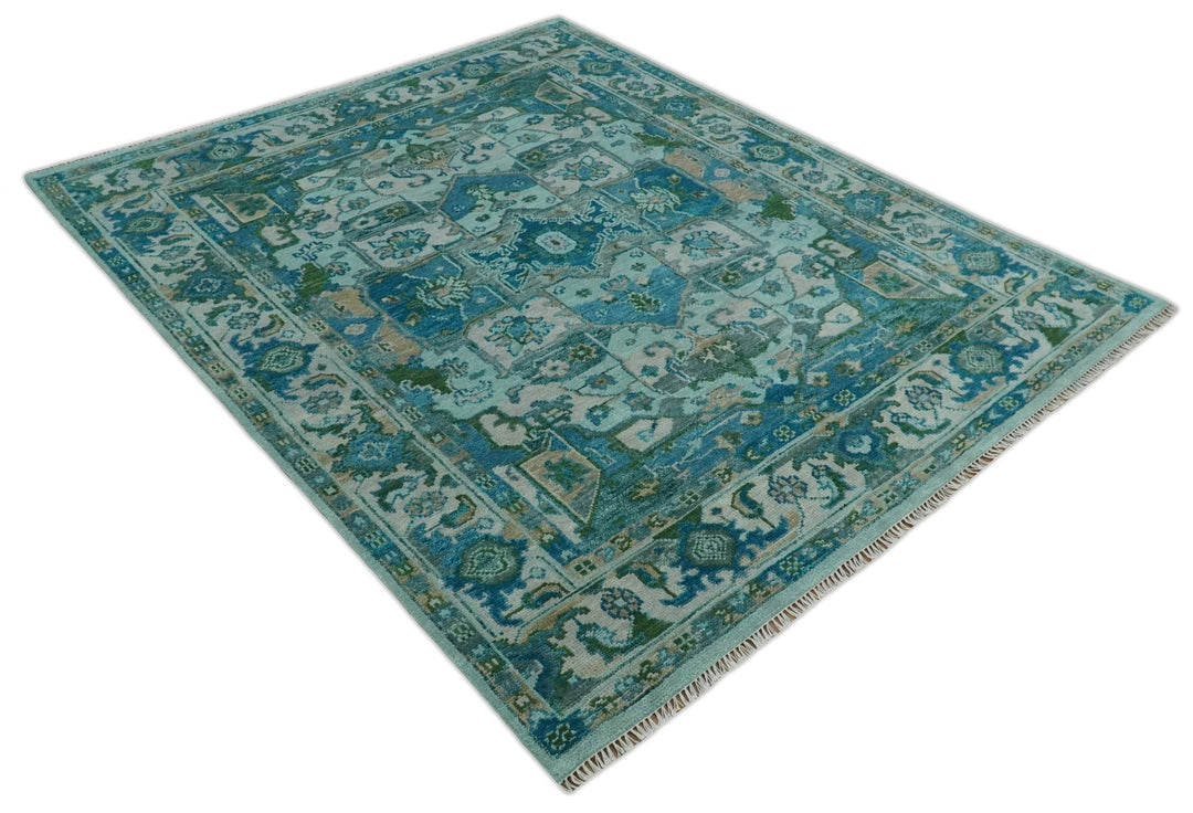 Transitional Aqua and Ivory Hand Knotted Antique 8x10 Traditional Wool Rug - The Rug Decor