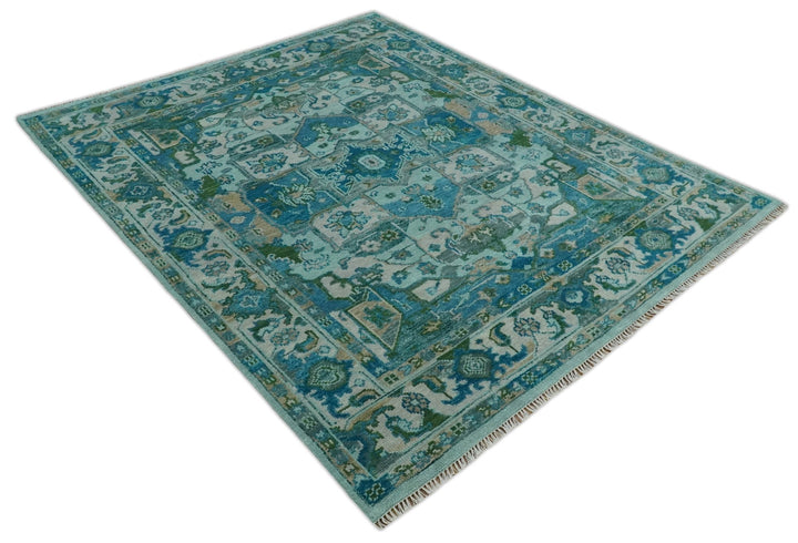 Transitional Aqua and Ivory Hand Knotted Antique 8x10 Traditional Wool Rug - The Rug Decor