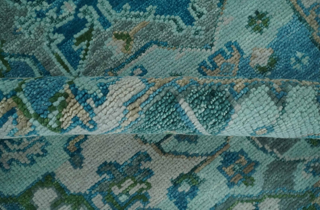 Transitional Aqua and Ivory Hand Knotted Antique 8x10 Traditional Wool Rug - The Rug Decor