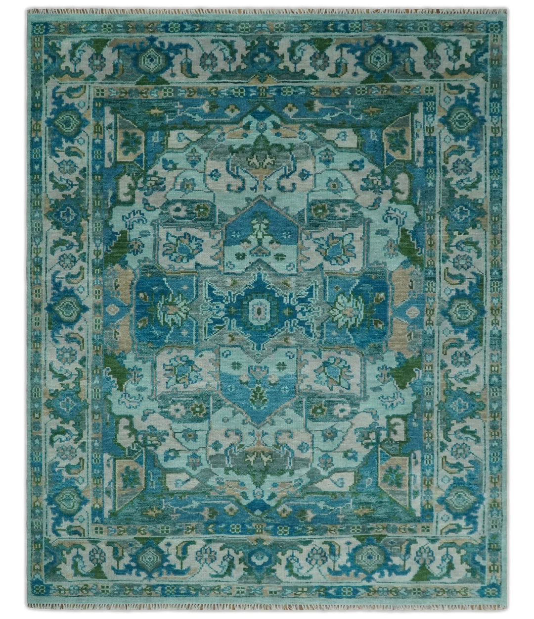 Transitional Aqua and Ivory Hand Knotted Antique 8x10 Traditional Wool Rug - The Rug Decor