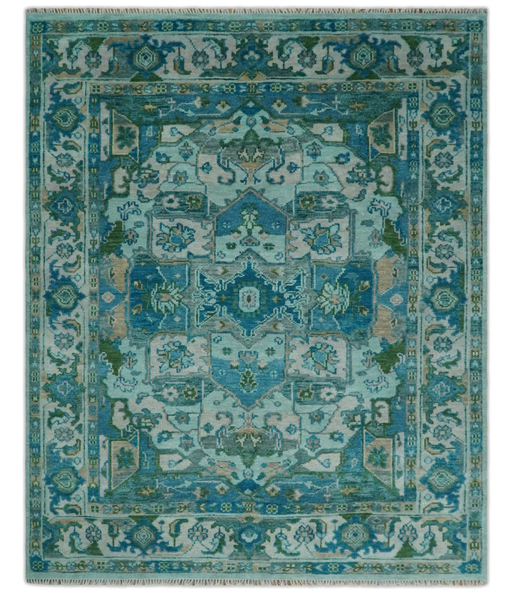 Transitional Aqua and Ivory Hand Knotted Antique 8x10 Traditional Wool Rug - The Rug Decor