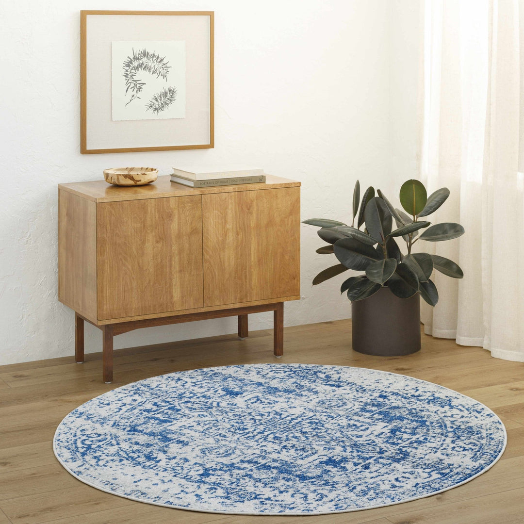 Transitional Heriz Design Blue and Beige Medallion Area Rug - The Rug Decor