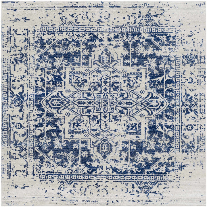 Transitional Heriz Design Blue and Beige Medallion Area Rug - The Rug Decor