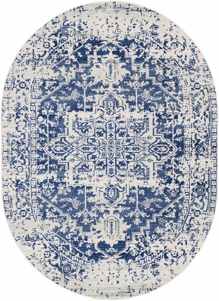 Transitional Heriz Design Blue and Beige Medallion Area Rug - The Rug Decor