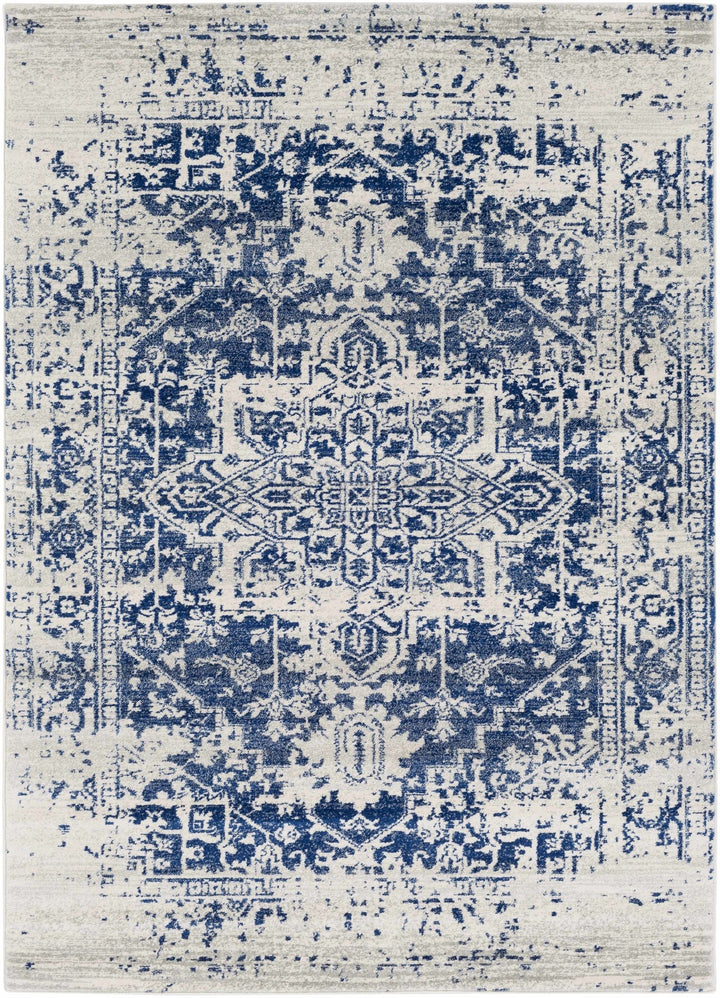 Transitional Heriz Design Blue and Beige Medallion Area Rug - The Rug Decor