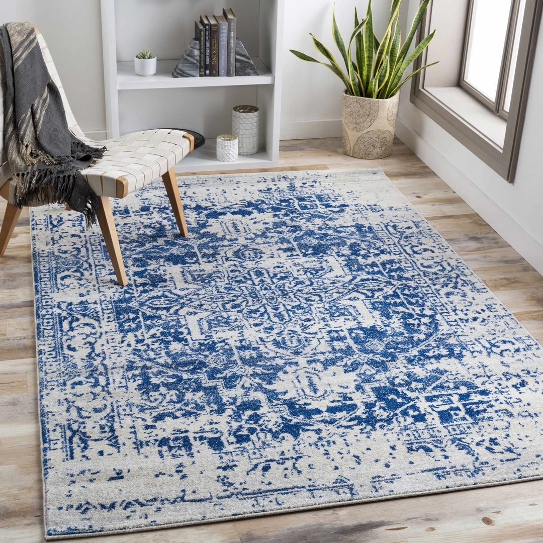 Transitional Heriz Design Blue and Beige Medallion Area Rug - The Rug Decor
