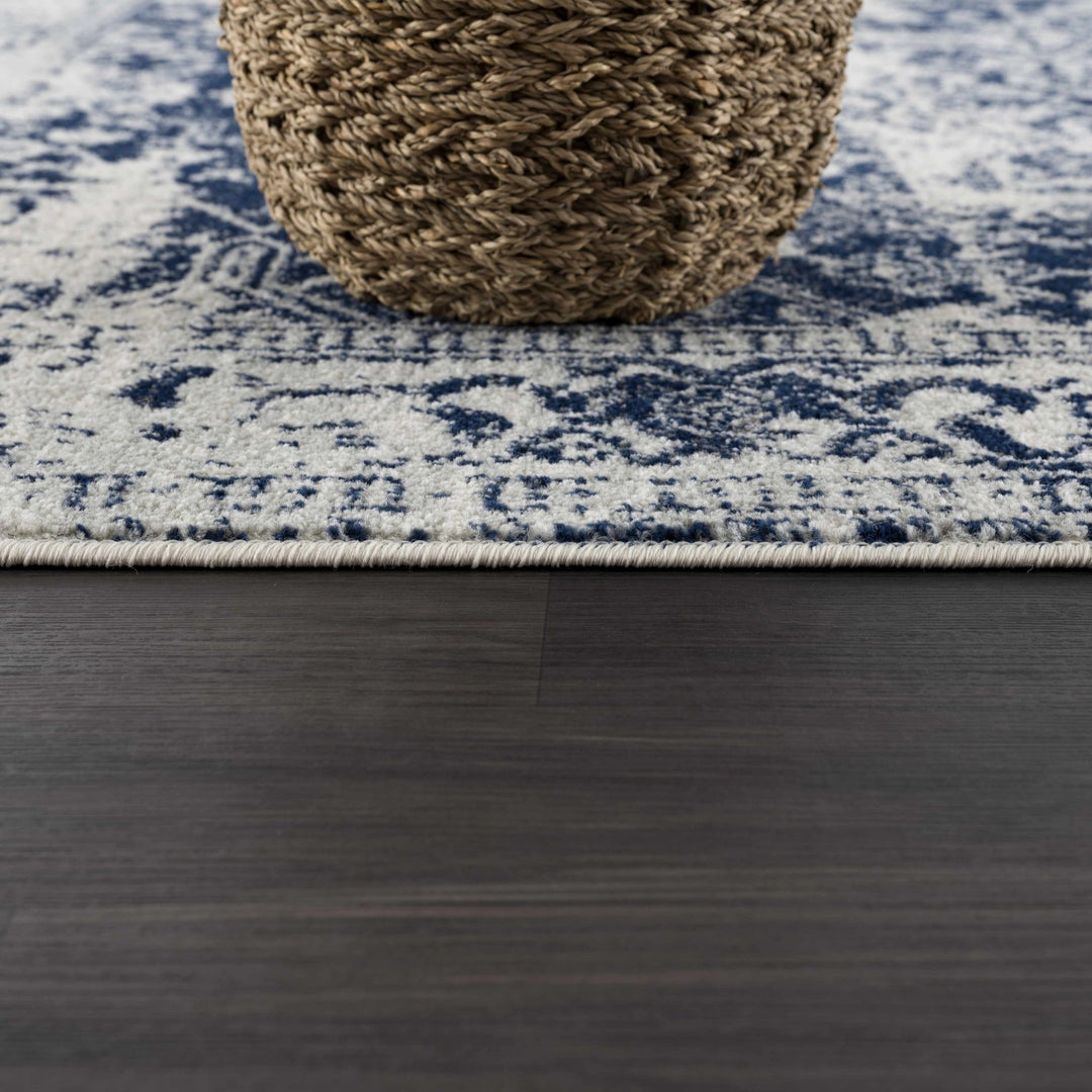 Transitional Heriz Design Blue and Beige Medallion Area Rug - The Rug Decor